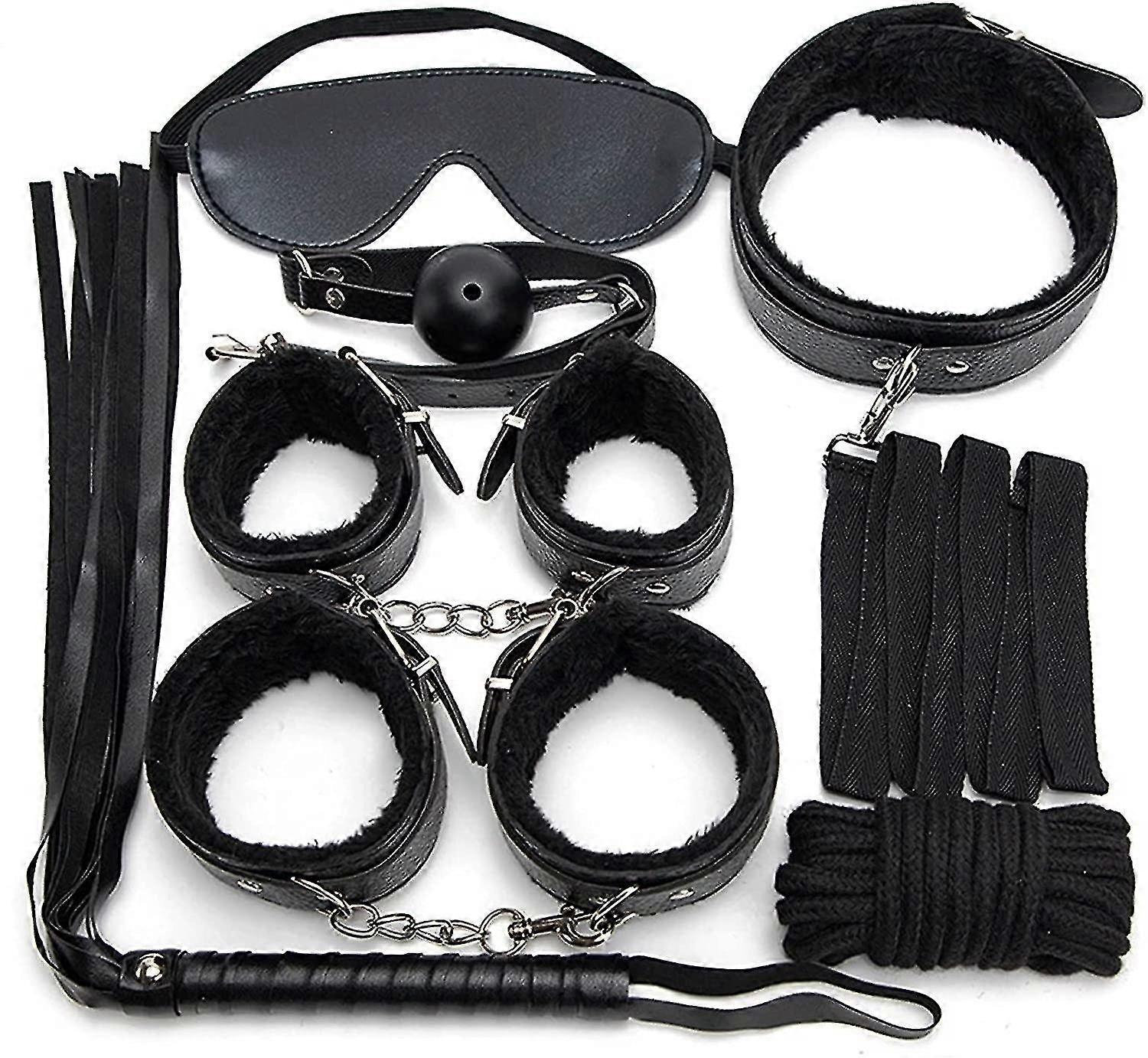 7pcs/set Leather Bodaged Kit Adlt Explay Hndcffs/whps/ball Gg/rope/collr Bdm