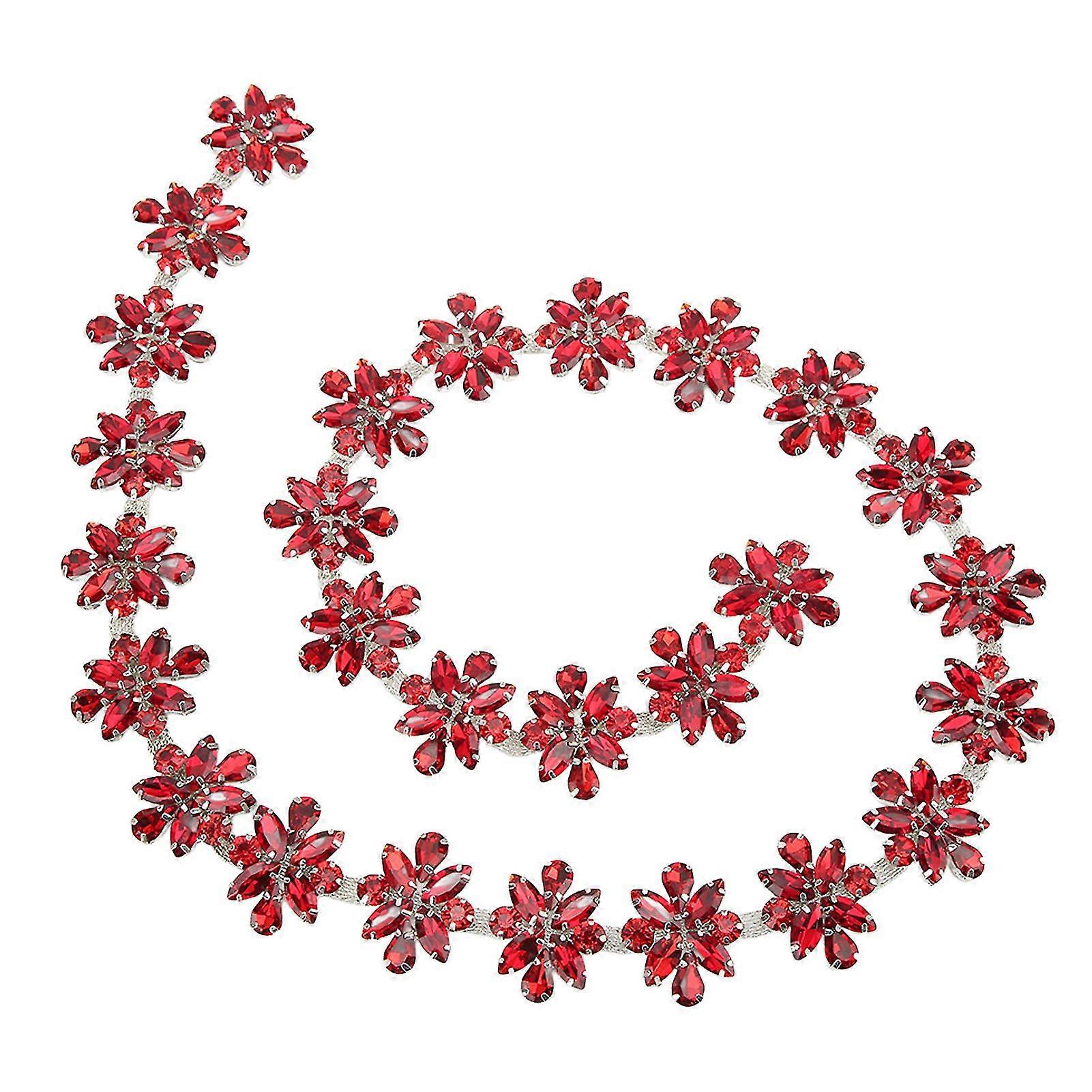 Exquisite Rhinestone Applique - Flower Type, 1 Yard, 3.5cm Wide, Glossy, Red - Ideal for Wedding Parties