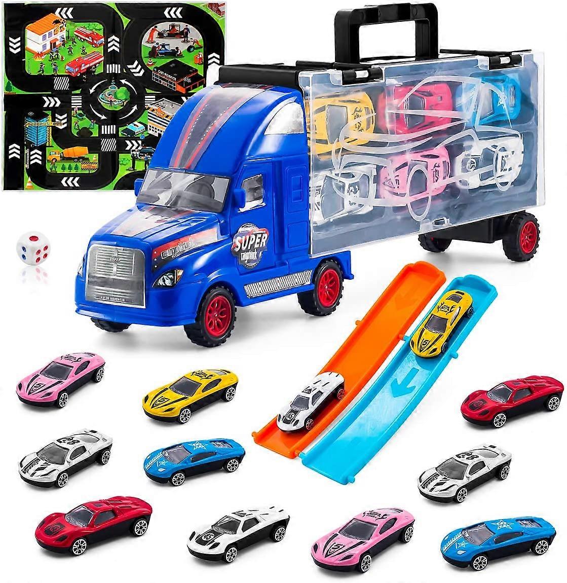 KATEA צעצועי פעוטות מכוניות מכוניות הובלת משאיות ילדים בנים מתנות לגילאי 3-8 שנים, מוביל מכוניות הובלה סט עם 12 כלי רכב יצוקים