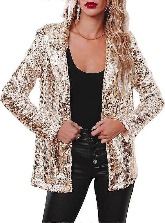 Women Sequin Jacket Glitter Sparkle Open Front Casual Long Sleeve Blazer Coat