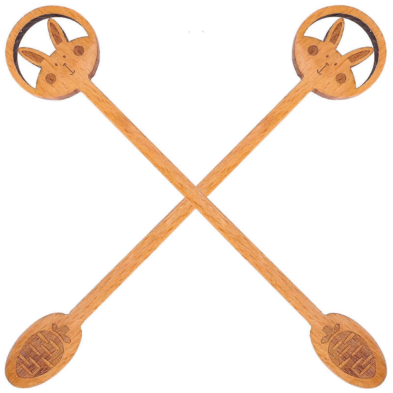2pcs Easter Pattern Easter-themed Coffee Spoon Easter Rabbit Design Wooden Mixing Spoon for Easter Party
