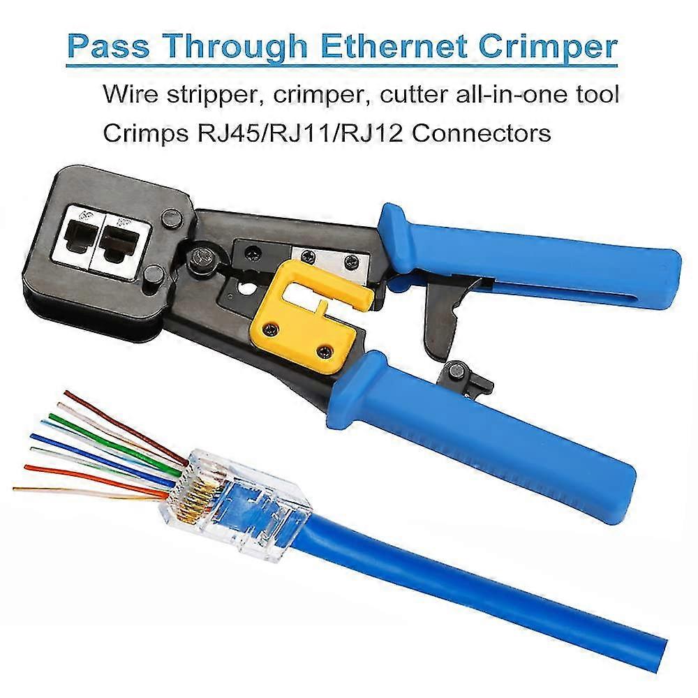 Kabeltester + krympeverktøy Rj45 Pass Through Cat6 Cat5e Cat5 Crimp Tool for standard Rj45/rj11, 50 Cat5 Cat5e-kontakter
