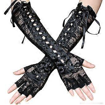 Guantes largos de vendaje para mujer, guantes sexys de encaje negro largo sin dedos, vendaje cruzado Opera Lolita