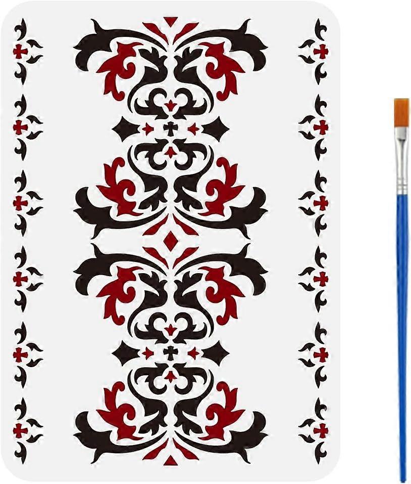 Damask Border Stencil with A Paint Brush 11.7x8.3inch Gothic Decorative Painting Template Repeating Pattern Damask Flower Vine Stencil for Painting on
