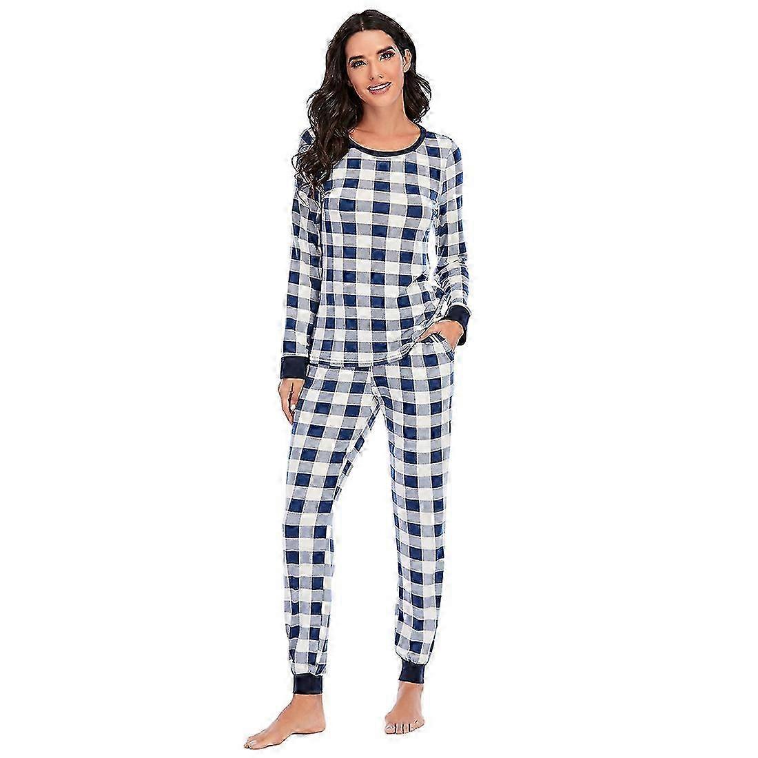 Women's Long Sleeve Plaid Pajama Set Comfortable - Blue Size S