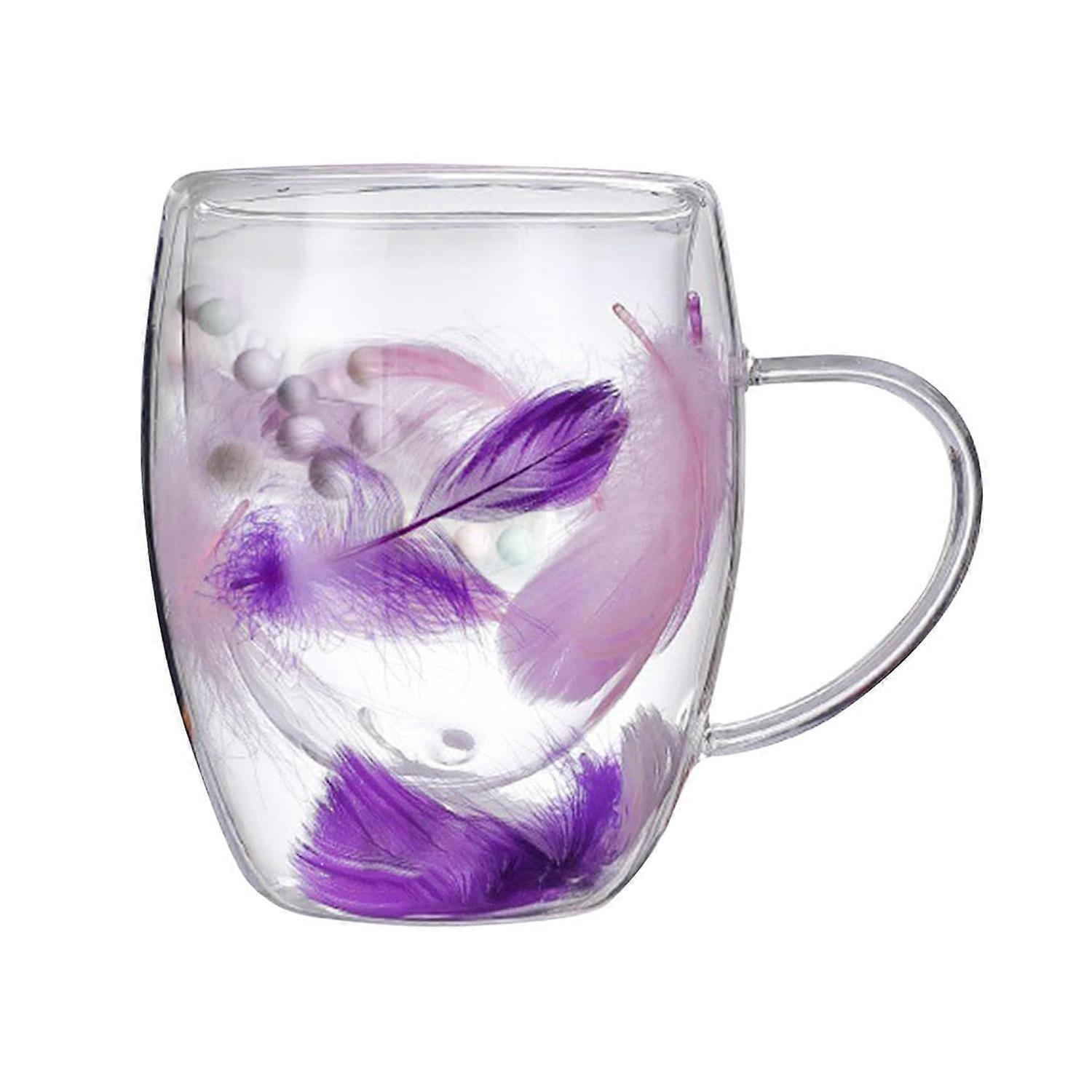 Double Wall Glass Coffee Mug 250/350ml Feather Design Cup with Handle Insulated Anti-Scalding