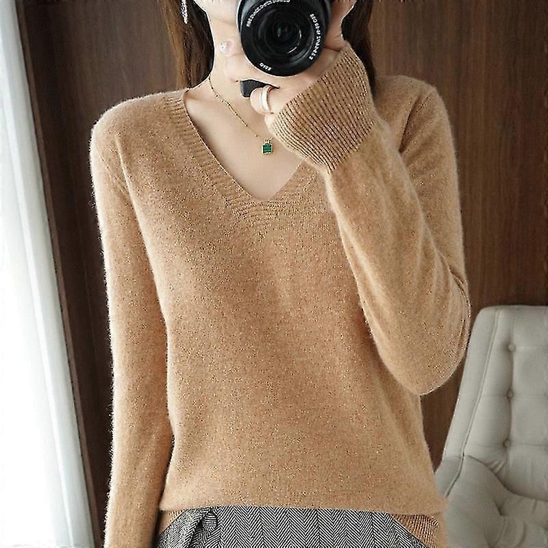 Damen Pullover 2023 Herbst Winter Strickpullover V-Ausschnitt Slim Fit Bottoming Shirt Einfarbig Weiche Strickpullover Basic Pullover