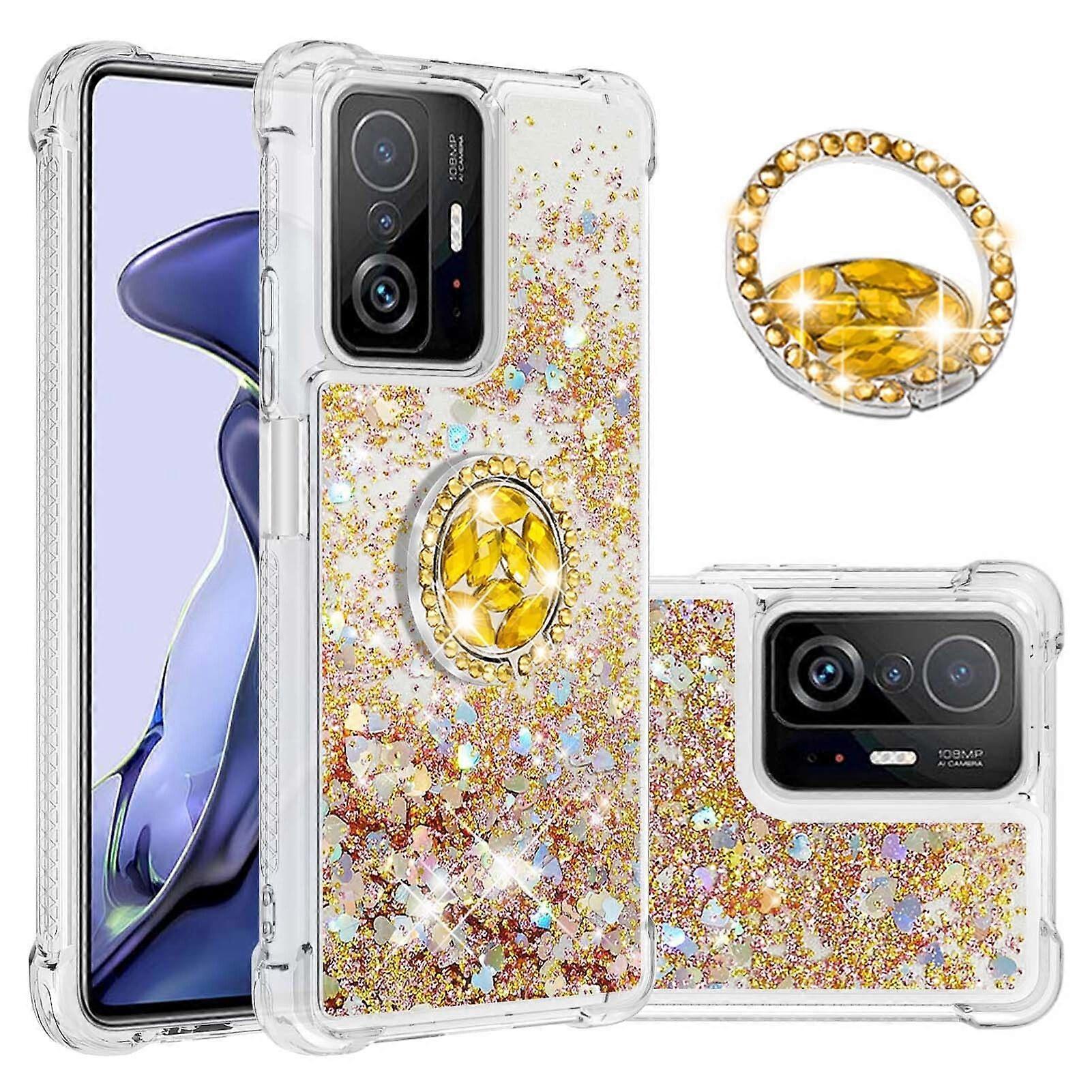 Case for Xiaomi 11T/11T Pro 5G Bling Flowing Liquid Floating Sparkle Glitter Bumper with Rotation Ring Kickstand Compatible with Xiaomi 11T/11T Pro 5G