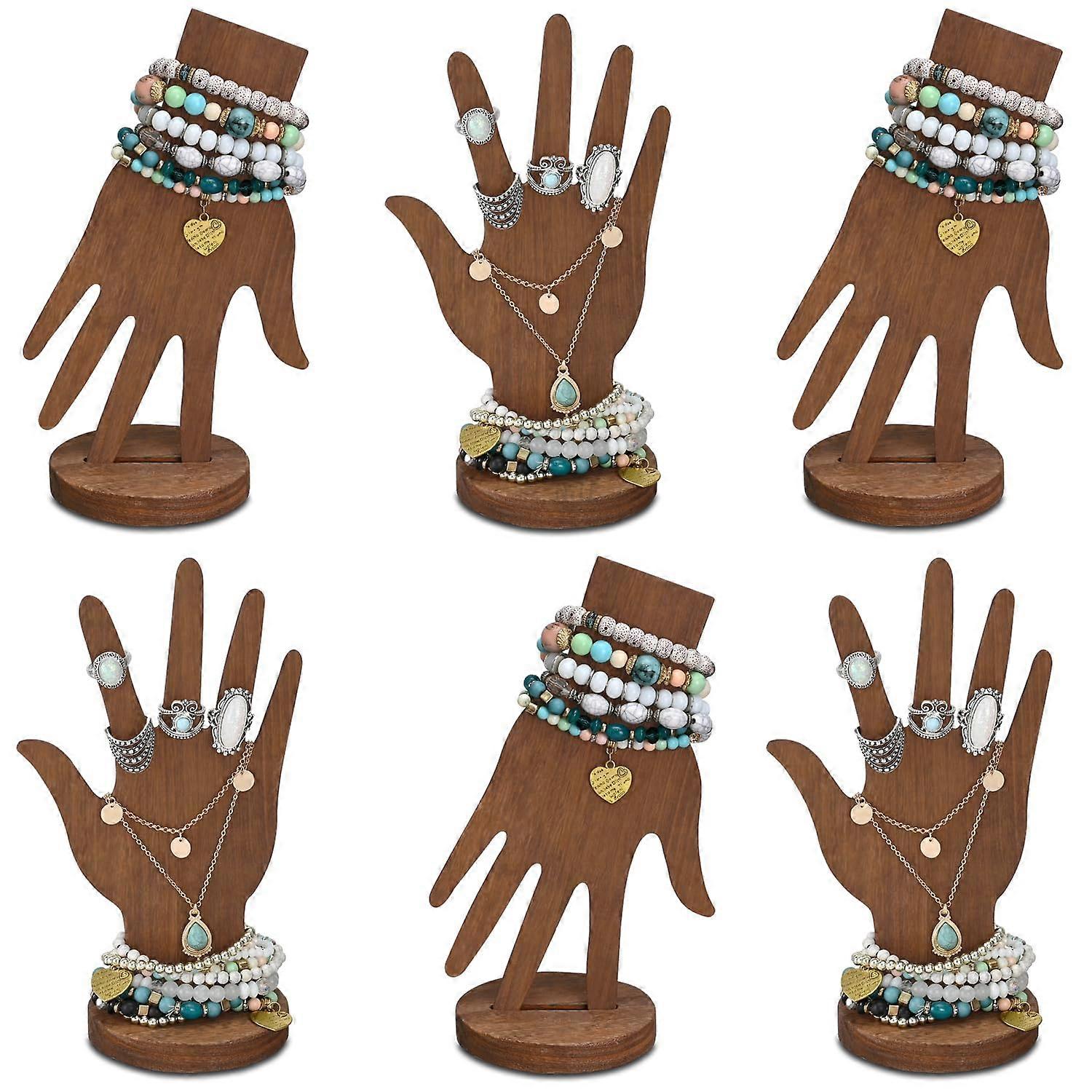 6 Pcs Wooden Hand Jewelry Holders, 2-Way Wall Hanging and Standalone Design, Decorative Display for Rings and Necklaces