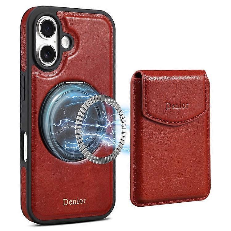 DENIOR D22 Compatible For iPhone 16 Plus Case Detachable Card Bag Rotary Kickstand Genuine Cow Leather Phone Back Cover