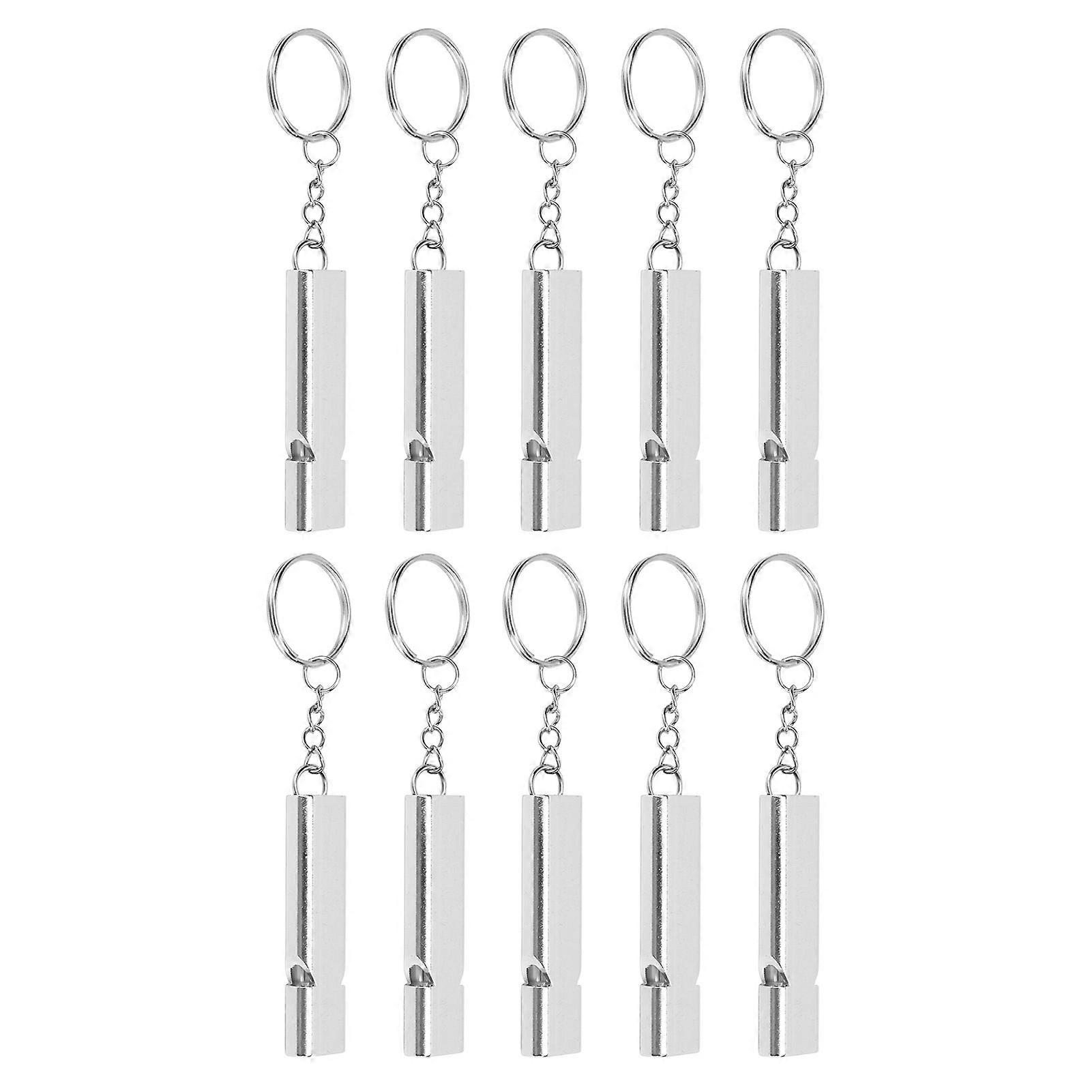 Lot de 10 sifflets de survie d'urgence en alliage d'aluminium, double tube, haute fréquence, avec porte-clés, argent