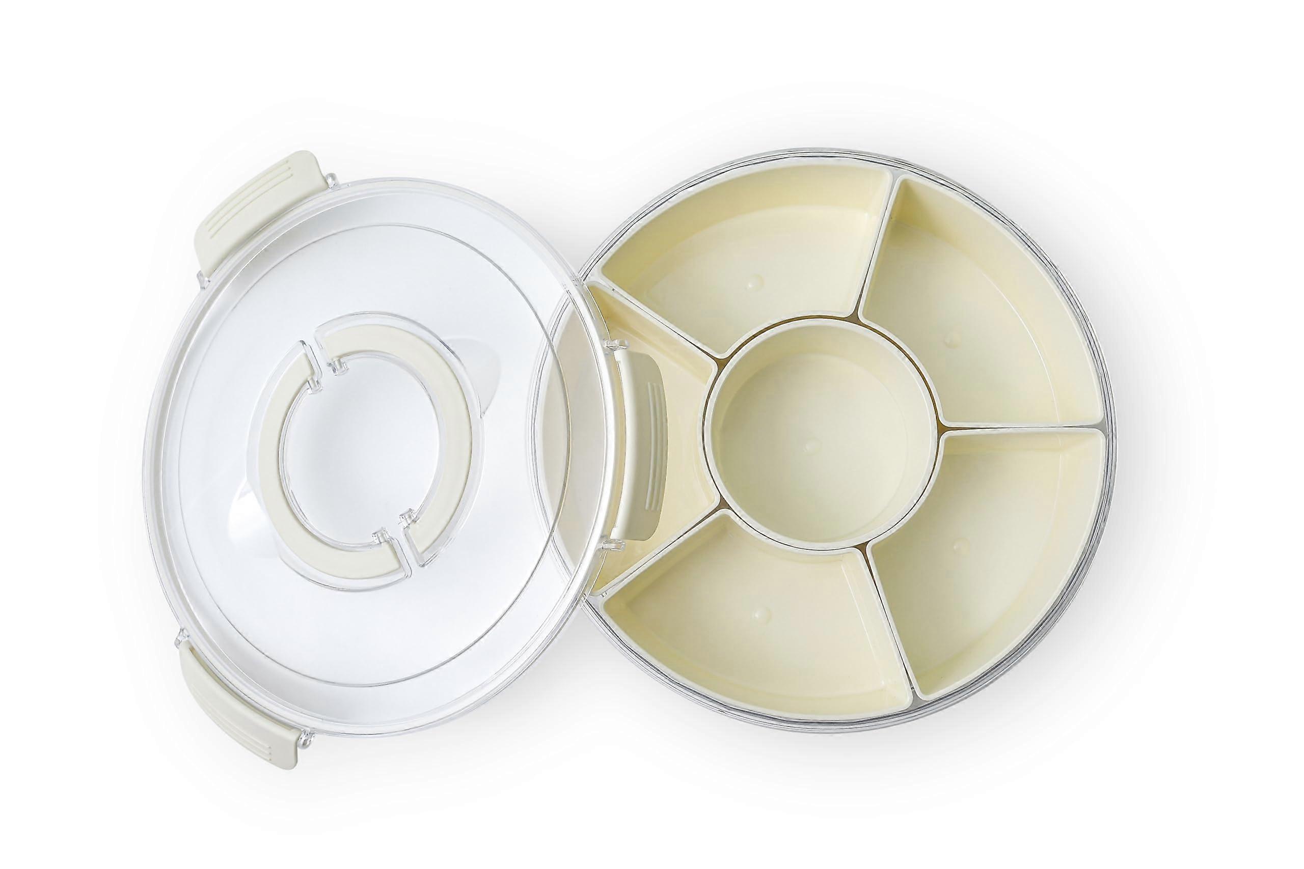 360° Rotating Divided Serving Tray with Lid and Handle, 12" Fruit Storage Container for Snacks, Platters, and Spices