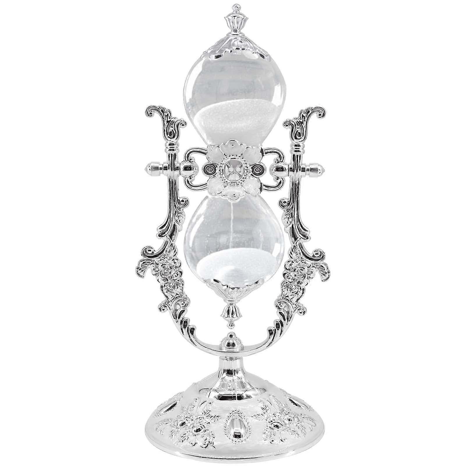 Clock sand timer decorative, 11.8 inches tall, 360 ° rotating metal white hourglass 30 minutes