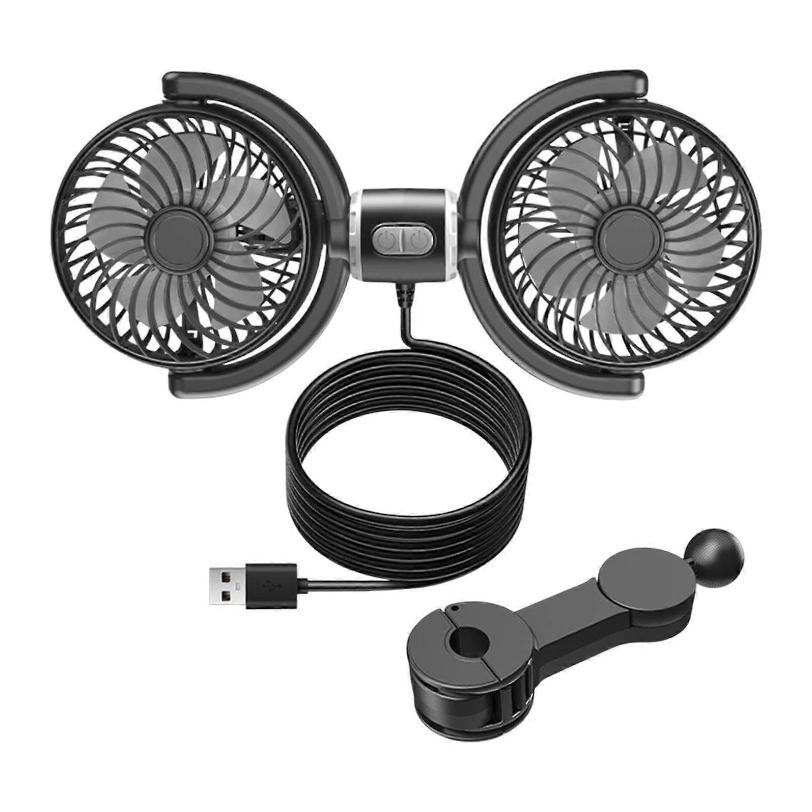 Car Backseat Dual Head Fan USB Powered 3 Speeds 360° Rotatable Silent Auto Air Fan for Strong Wind Cooling Accessory