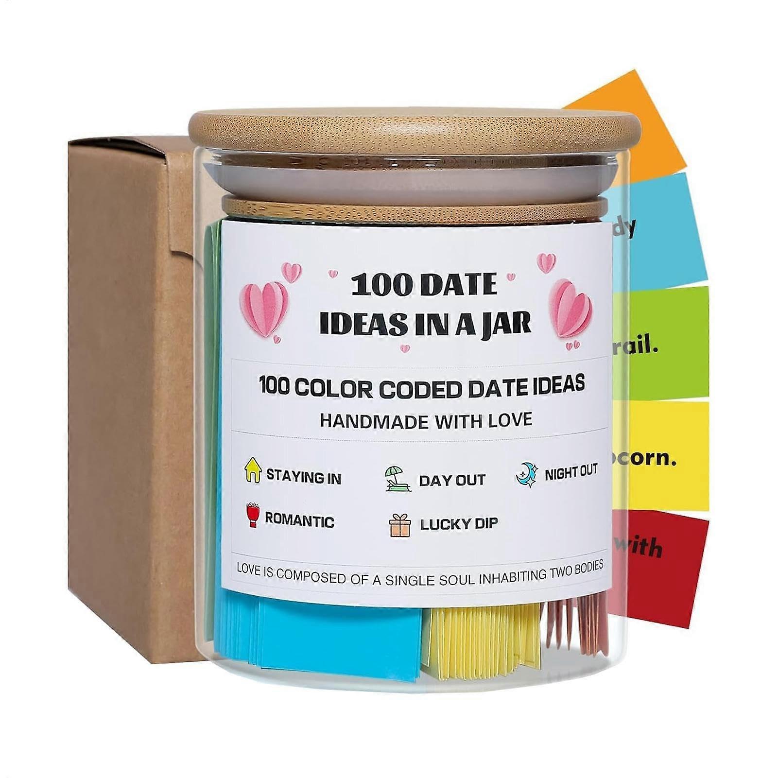 100 Date Ideas In A Jar | Creative Glass Date Night Game | Colour Coded Themes for Couples | Fun Multicoloured Message Ideas