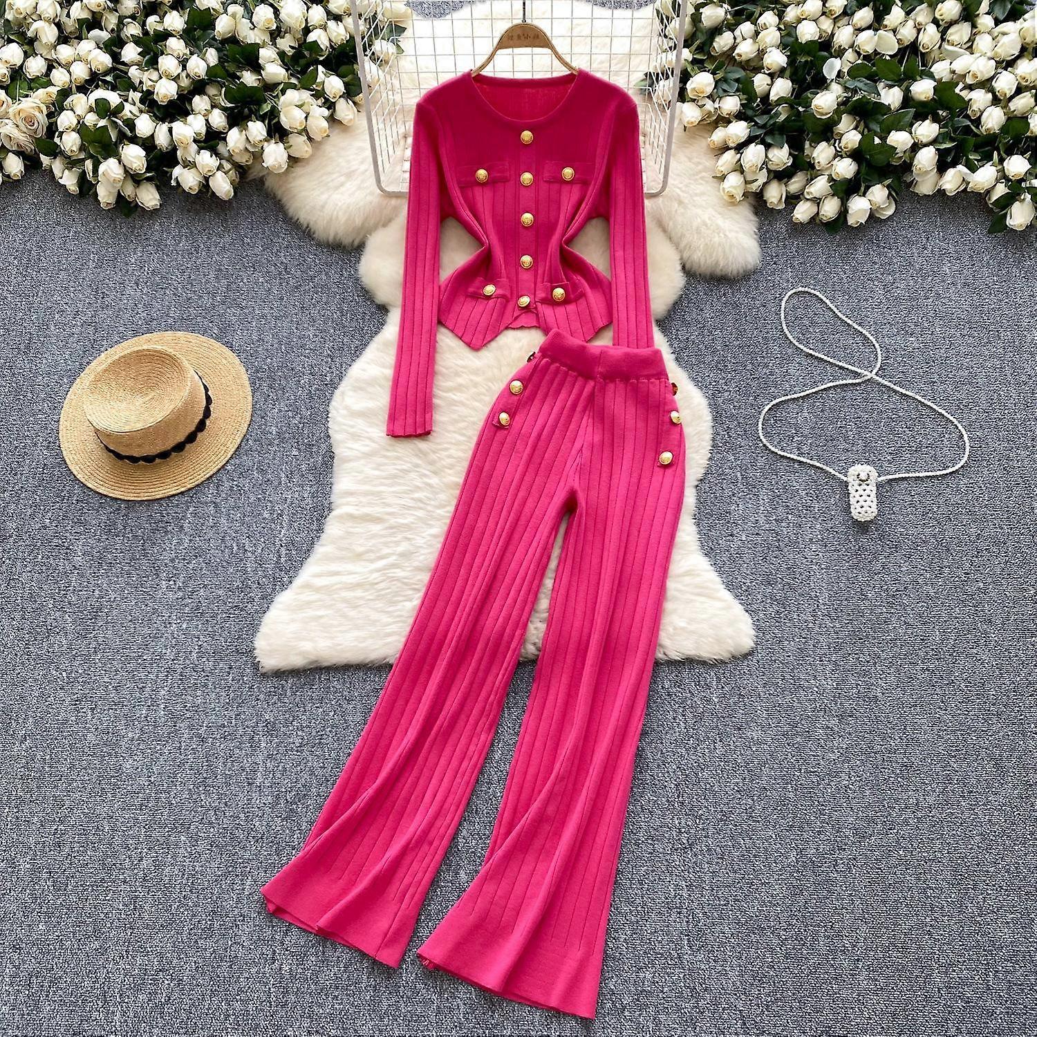 Fashion Spring Suits Women Long Sleeves Chic Buttons Pullovers+Elastic Long Pants Vintage Sweater Two Pieces Sets