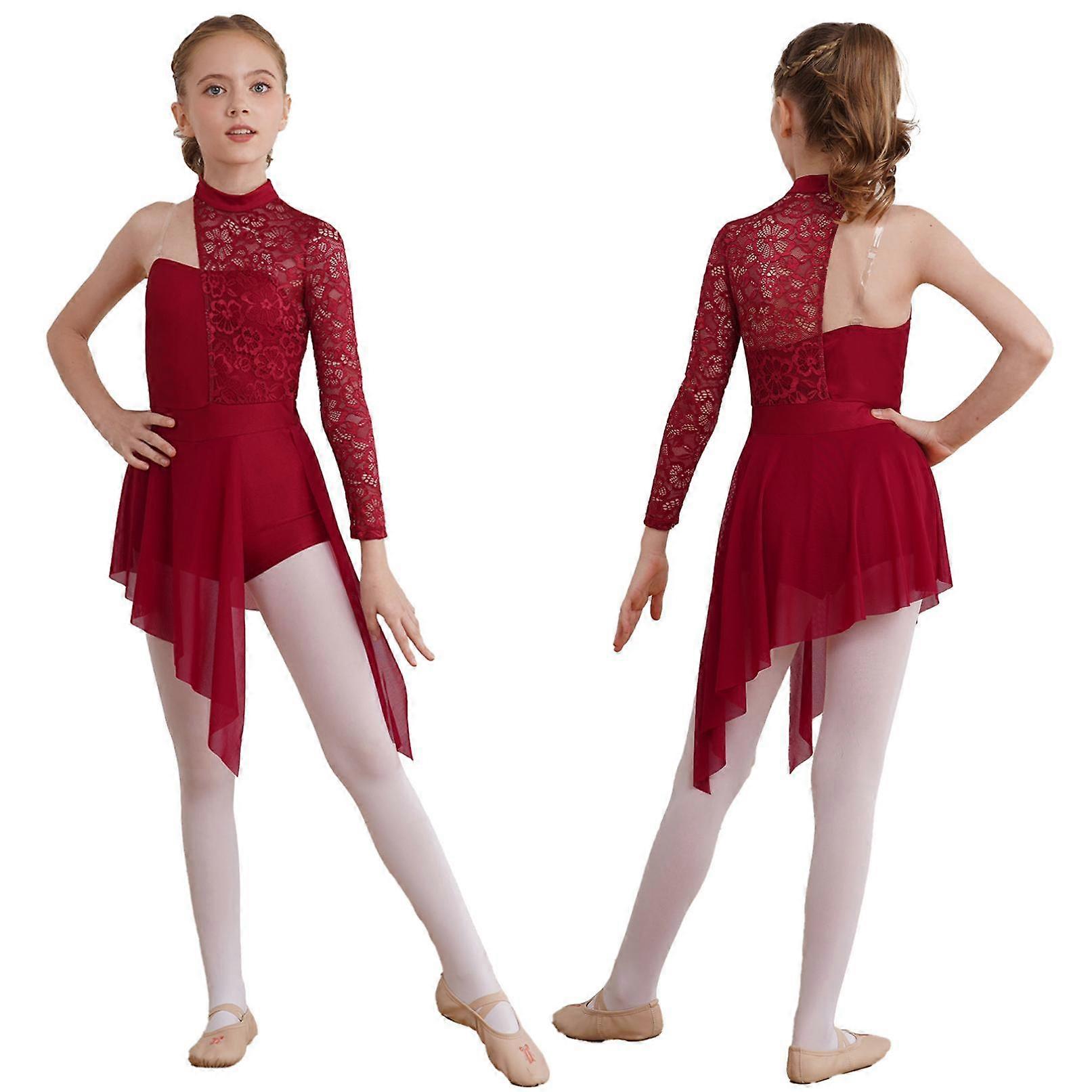 Gymnastics Leotards for Girls Asymmetrical Long Sleeve Ballet Lyrical Dance Dress Figure Skating Stage Costume