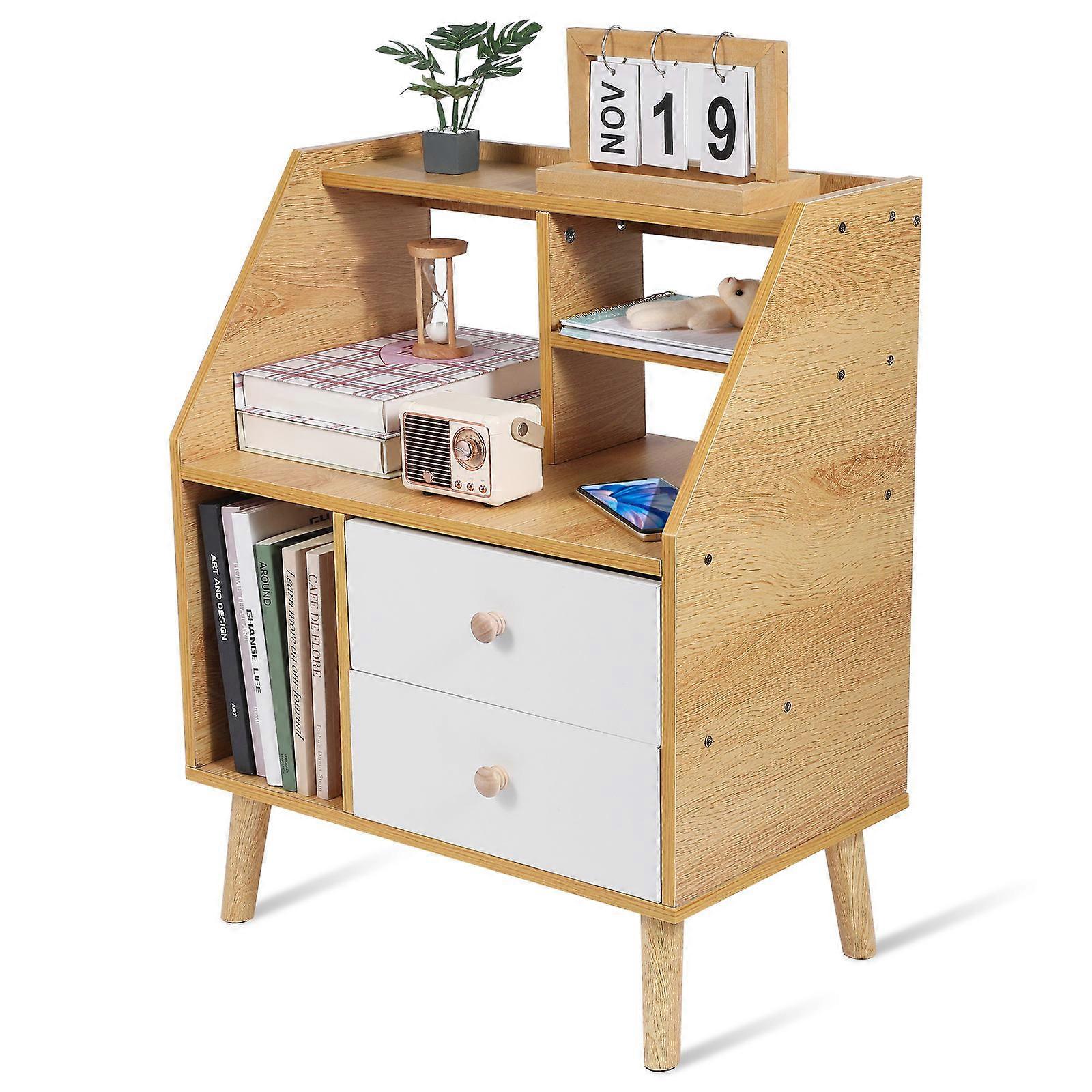 Nightstands With Drawers Bedside Table Wood Storage Bedroom Night Stand Khaki Rectangular Simple Design 1Pcs