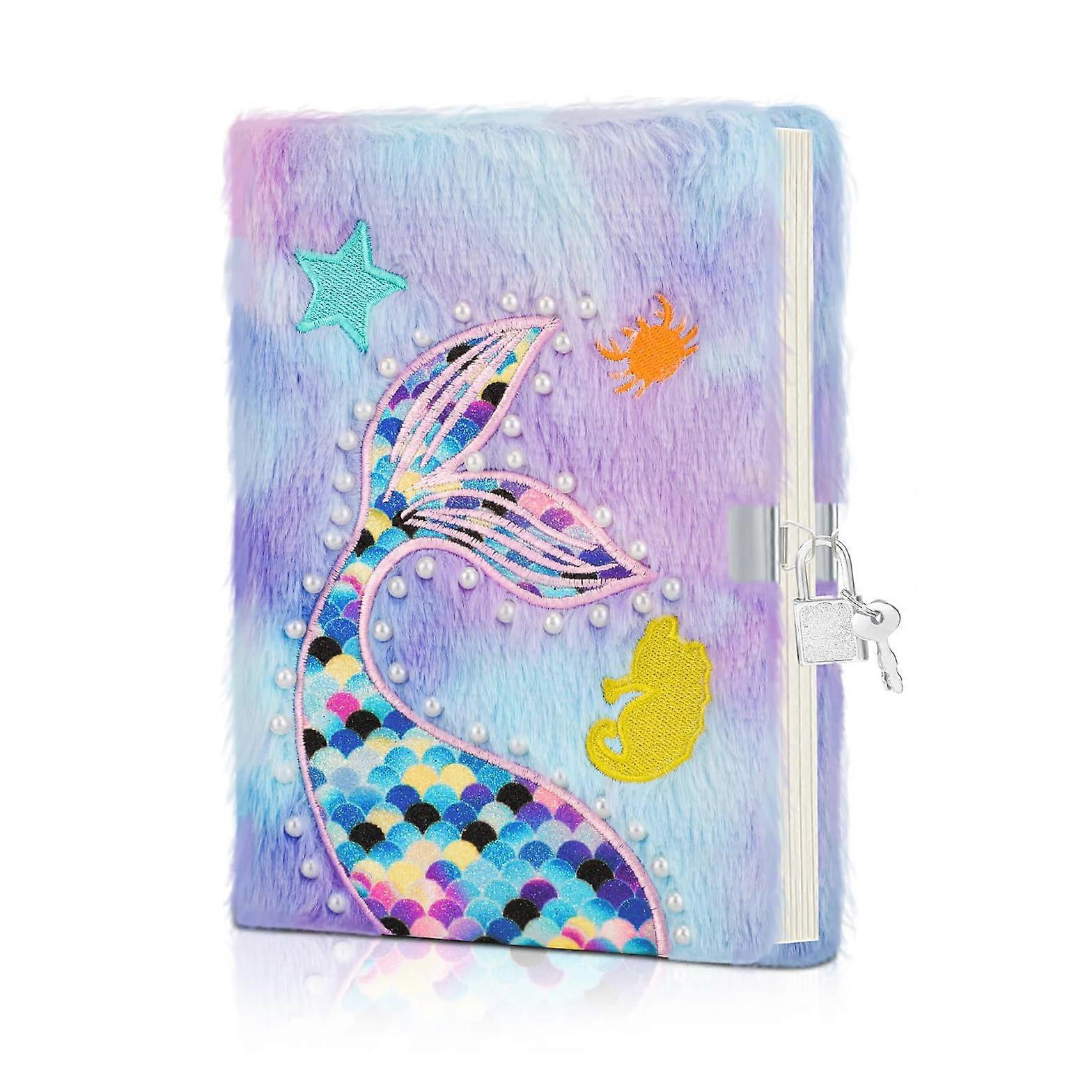 Mermaid Plush Diary with Lock and Key, Notepads Hard Cover Creative Mermaid Notebook, Children's Diary Notebook, for Writing and Drawing (A5)