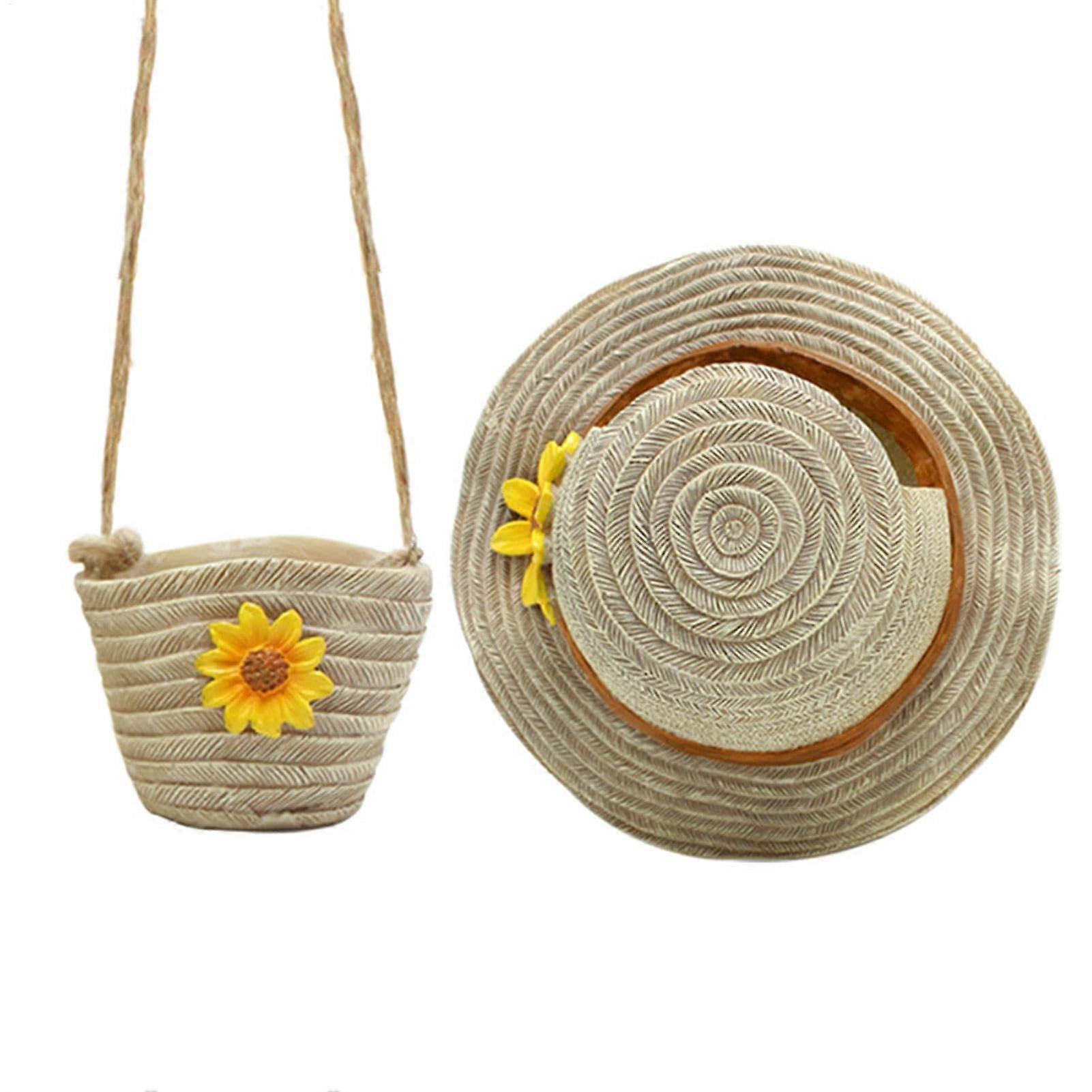 Strohhut Blumentopf - Decorative Resin Planter with Drainage, Boho Style Hanging Succulent Pot for Indoor and Outdoor Garden