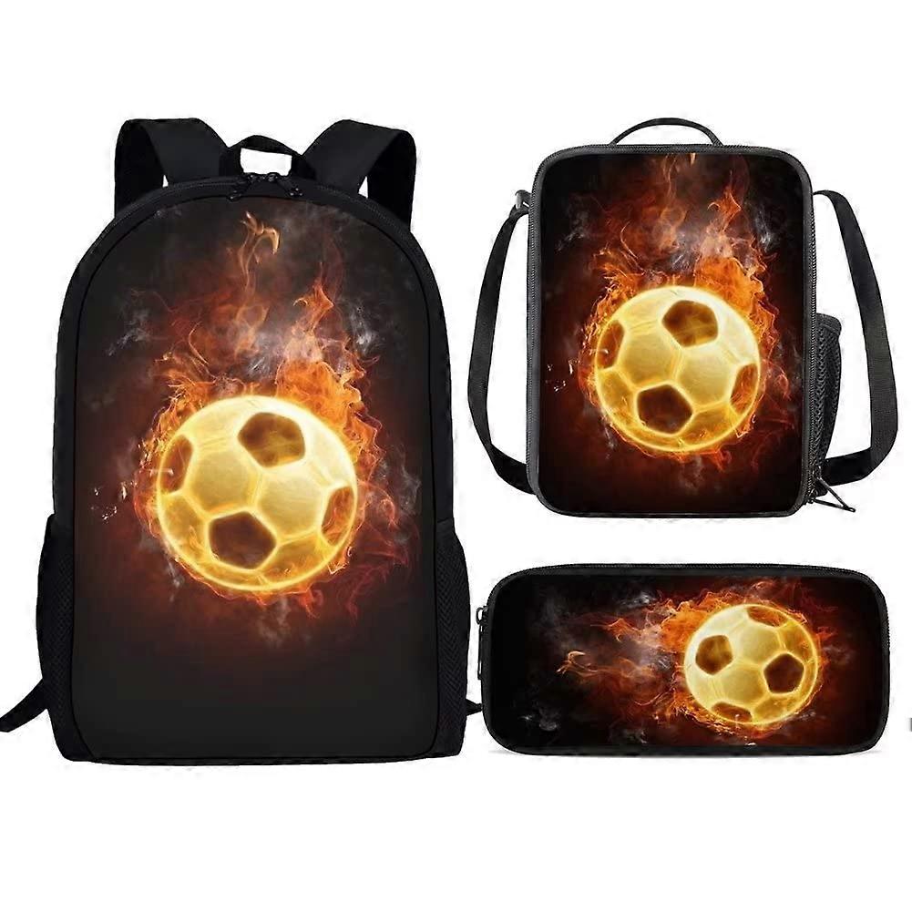 Axolotl 3 Piece Backpack Set with Lunch Box and Pencil Case for Kids, Fire Football Design, Ideal for School Use
