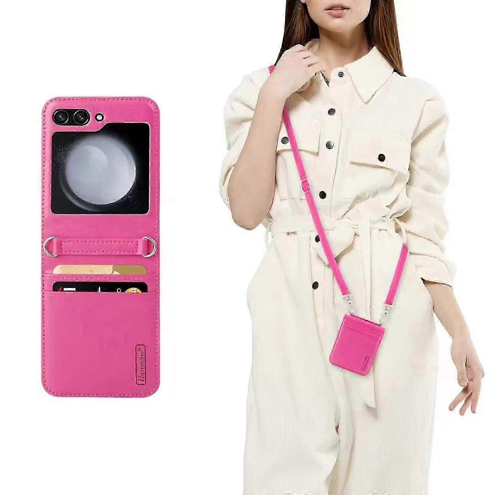 for Samsung Galaxy Z Flip 6 Luxurious Leather Case with Card Slots, Z Flip 6 with Wrist Strap and Adjustable Shoulder Strap