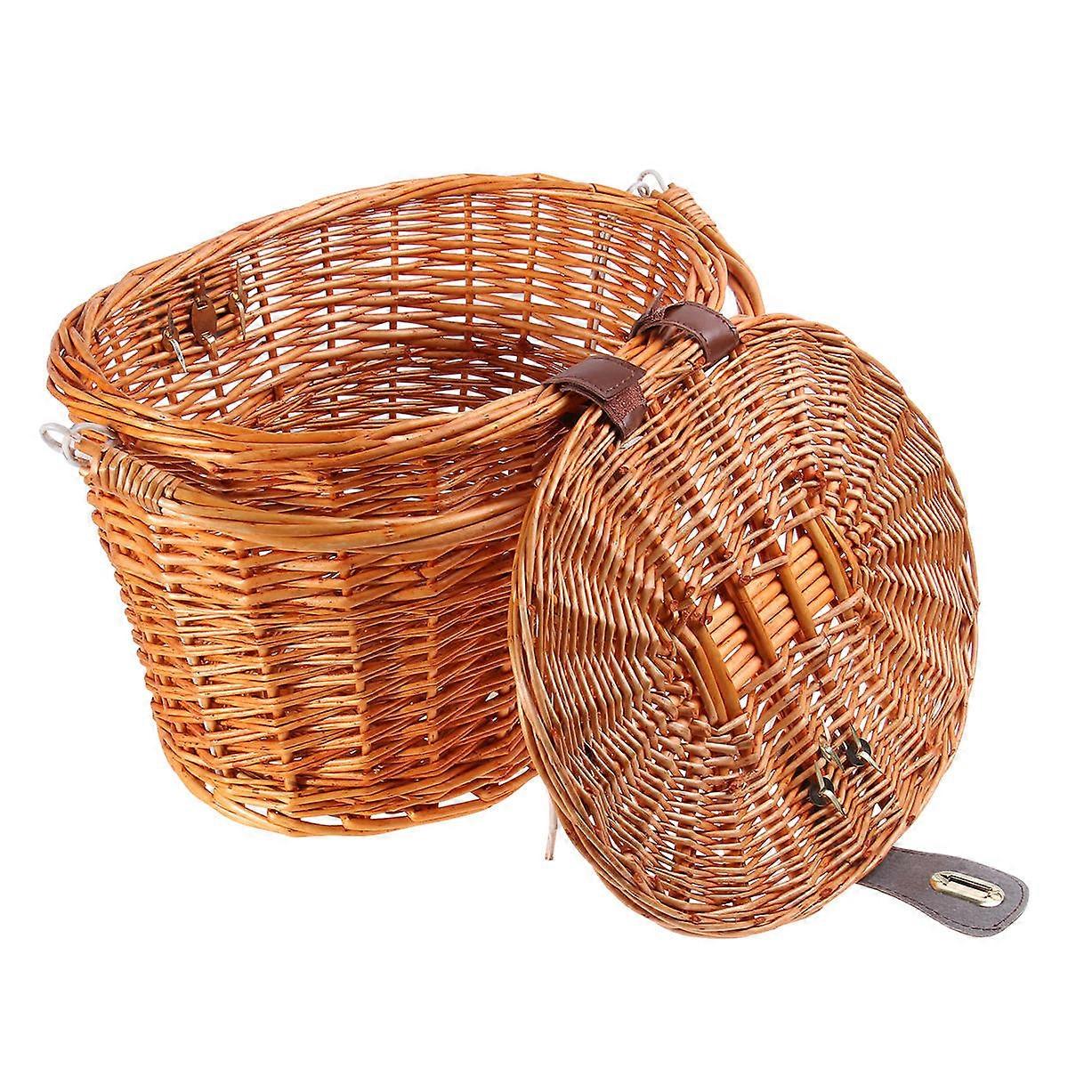 Brown Wicker Bike Basket for Front Handlebar Style with Lid and Handle Fits Any Cruiser