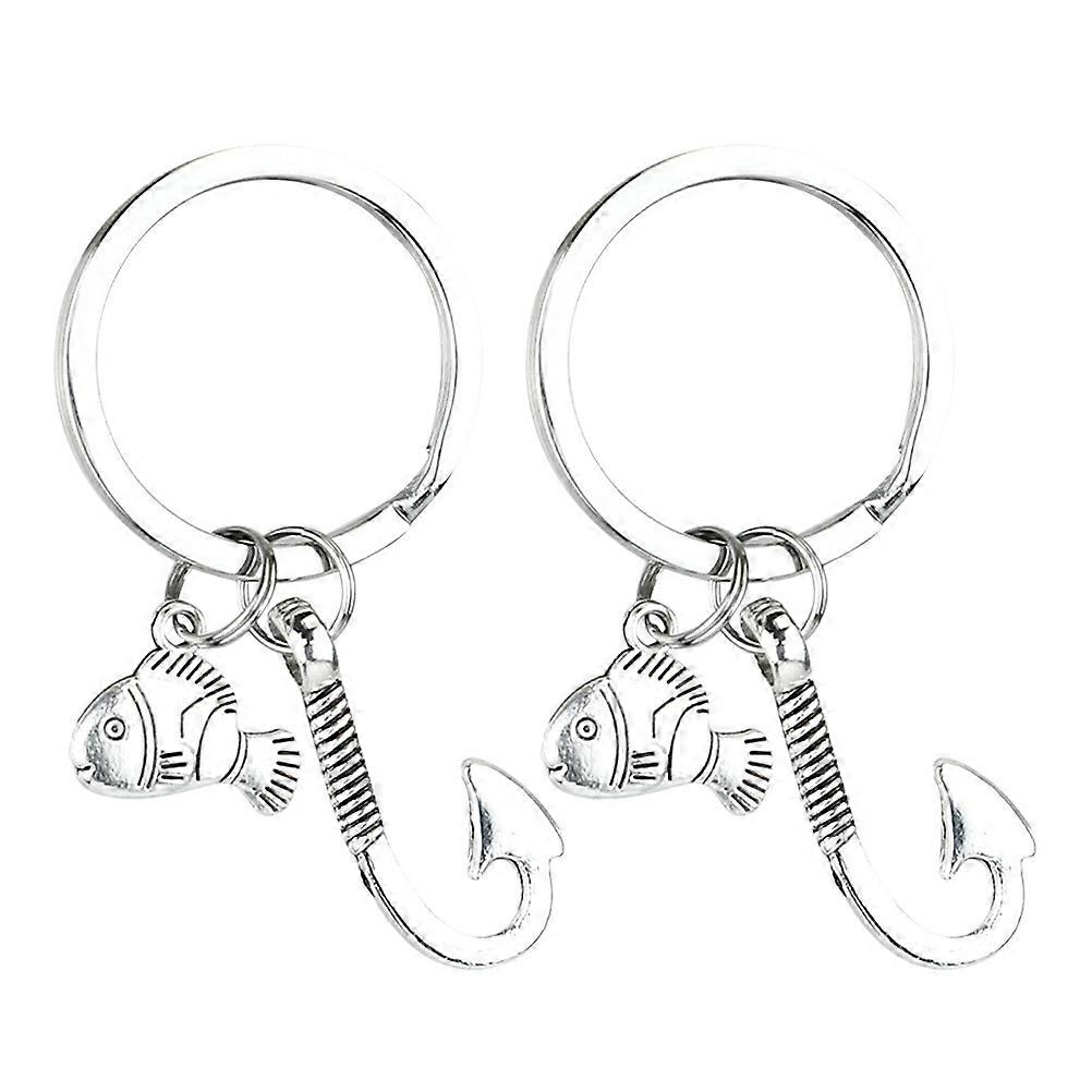 Fish Keychains Fishing Hooks Keychains for Decoration 2Pcs Silver Alloy