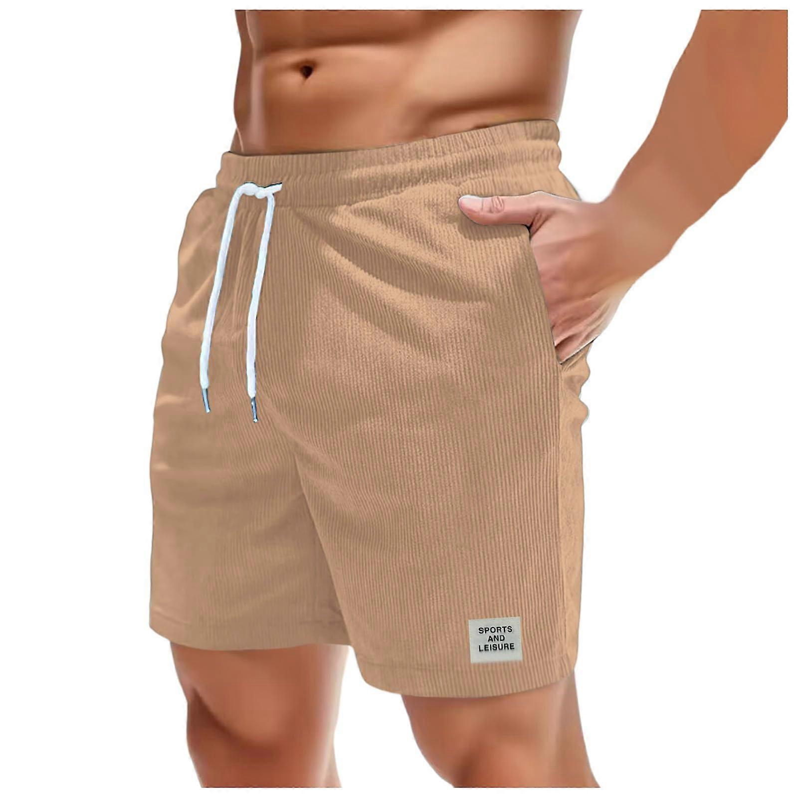 Cord Shorts For Men Corduroy Fabric Elastic Waistband Drawstring Cargo Pockets Khaki Summer Leisure Shorts Size L