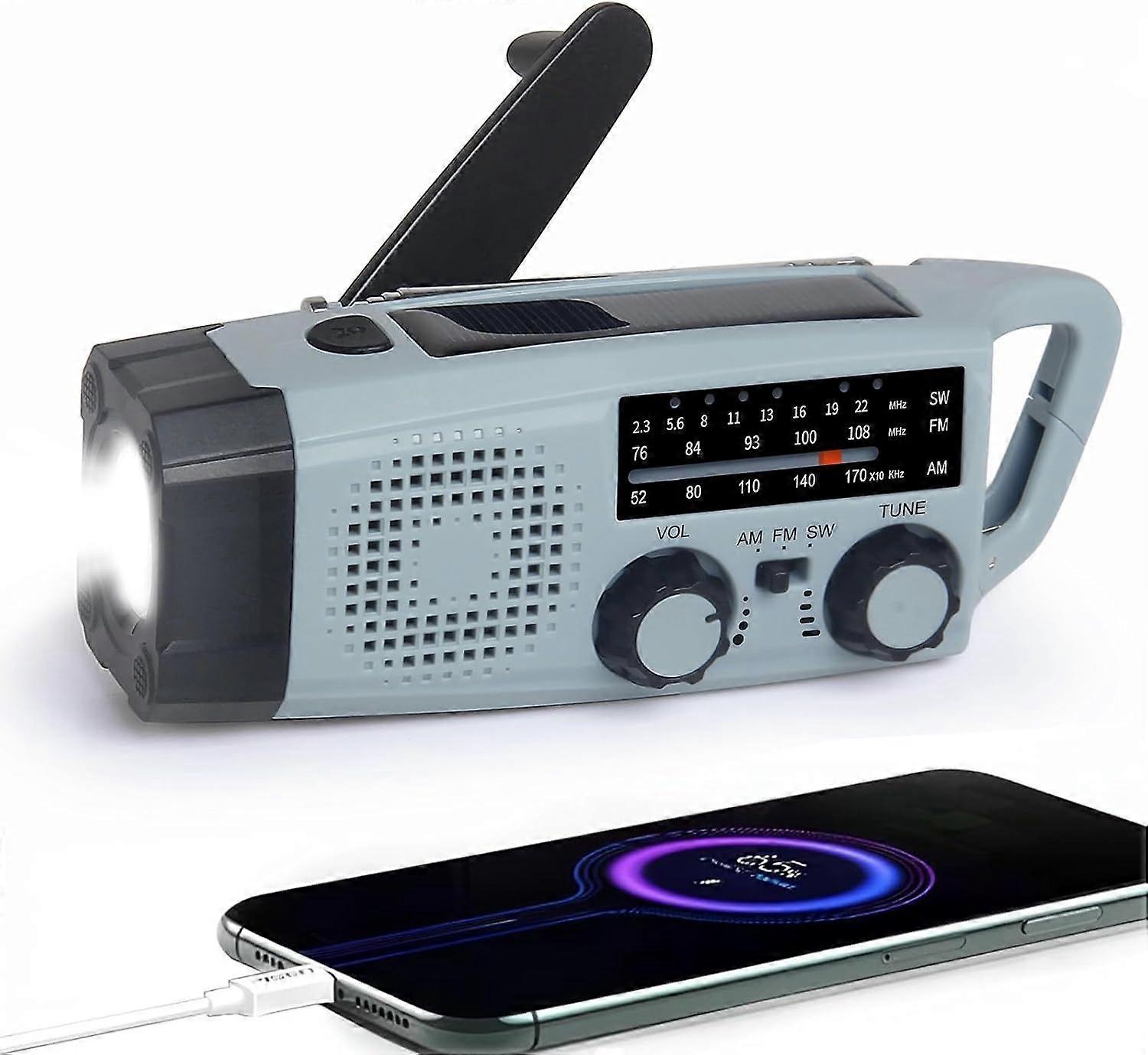 Portable emergency FM/AM radio with solar charging, hand-crank generator, LED flashlight, 2000mAh power bank and SOS alarm(Grey)