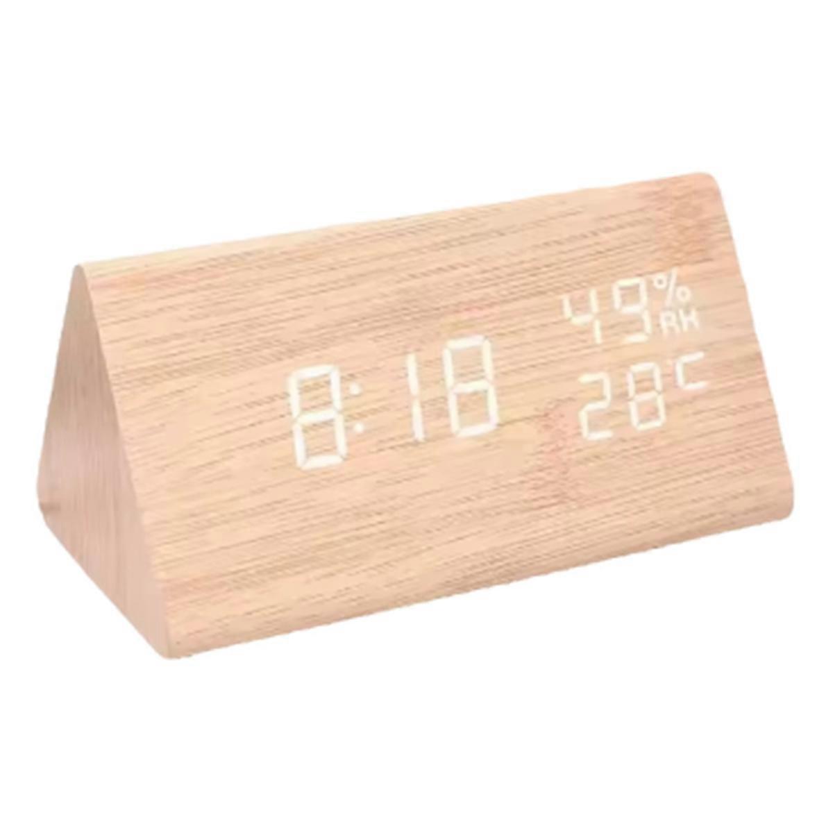 LED Student Clock Simple Wooden Clock Temperature Display Sound Control Clock Desktop Home Decorative Ornaments Khaki