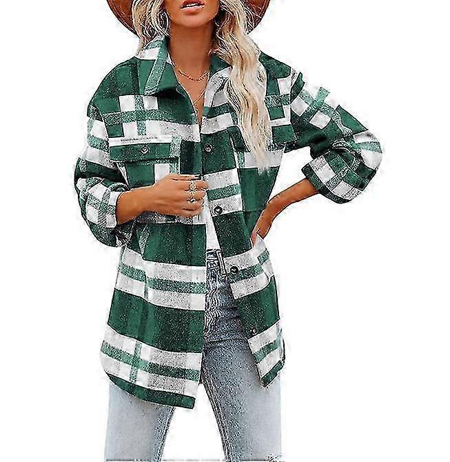 Women's Plaid Shirts Flannel Lapel Button Pocketed Long Jacket Coats 2025