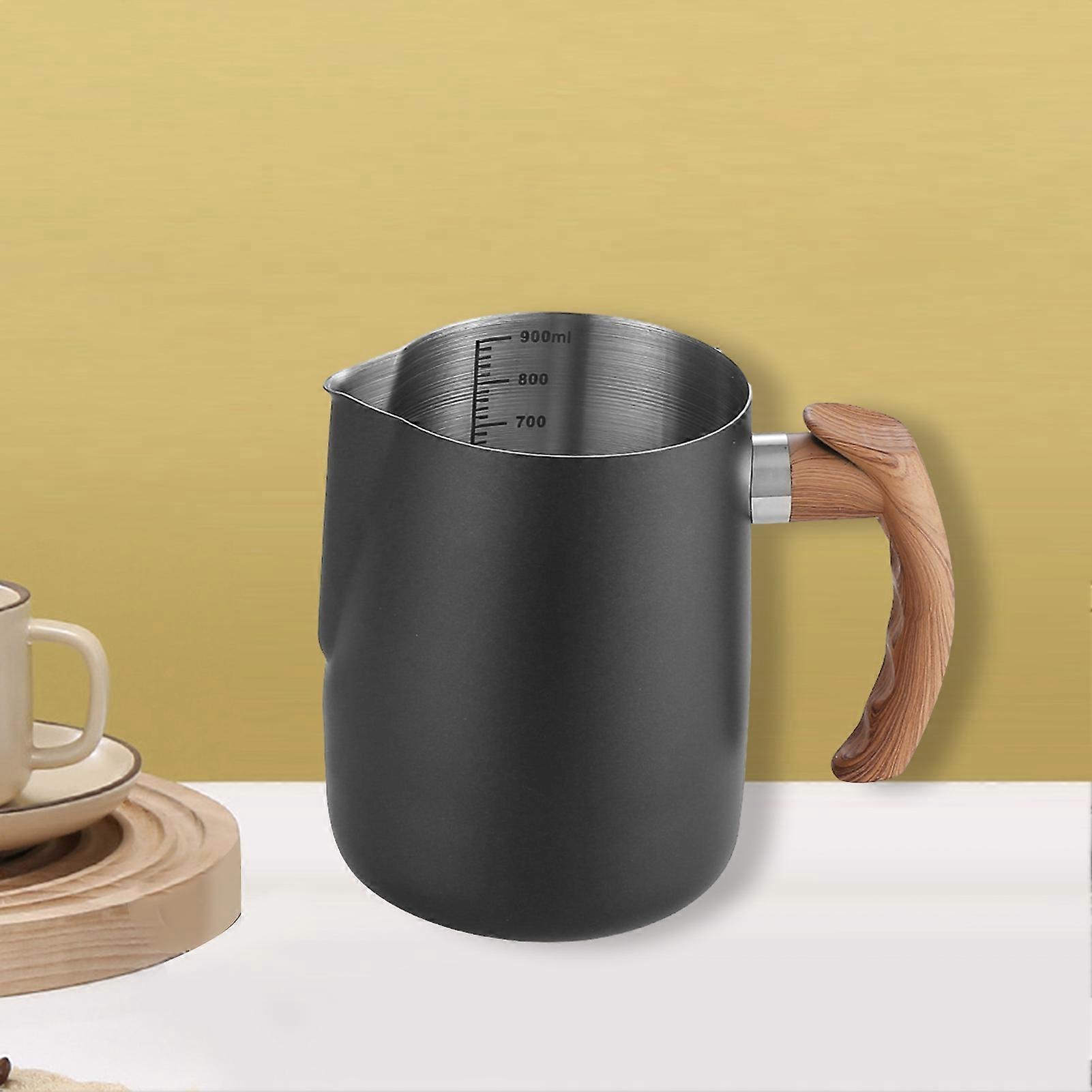 Hariumiu Comfortable Milk Frothing Pitcher 600/1000ml, Stainless Steel with Precise Scale, Wooden Handle, Dripless Spout