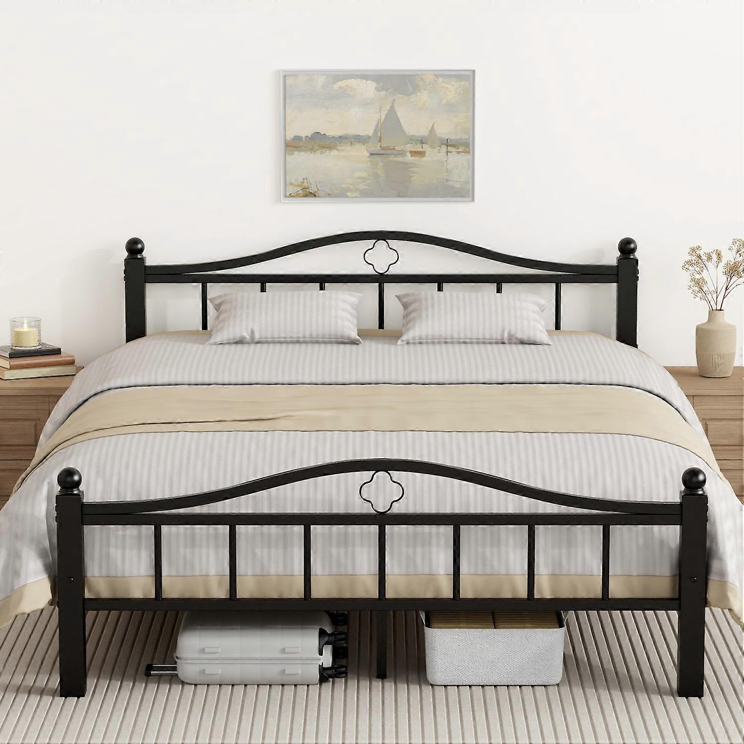 Queen Bed Frame with Headboard, No Squeak Heavy-Duty 1500lbs Support & 12" Clearance Storage Tool-Fr