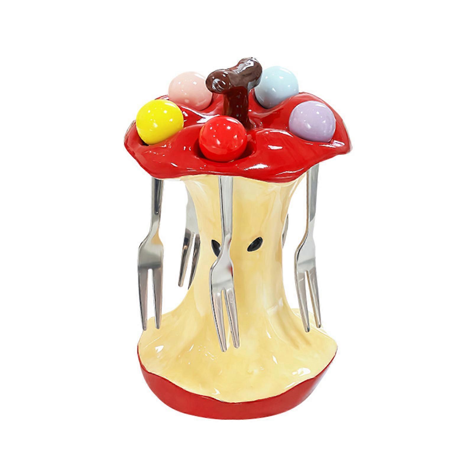 Decorative Apples Shape Ceramic Stand With 4 Snacks Forks Kitchen Countertop Storage Solution  Red