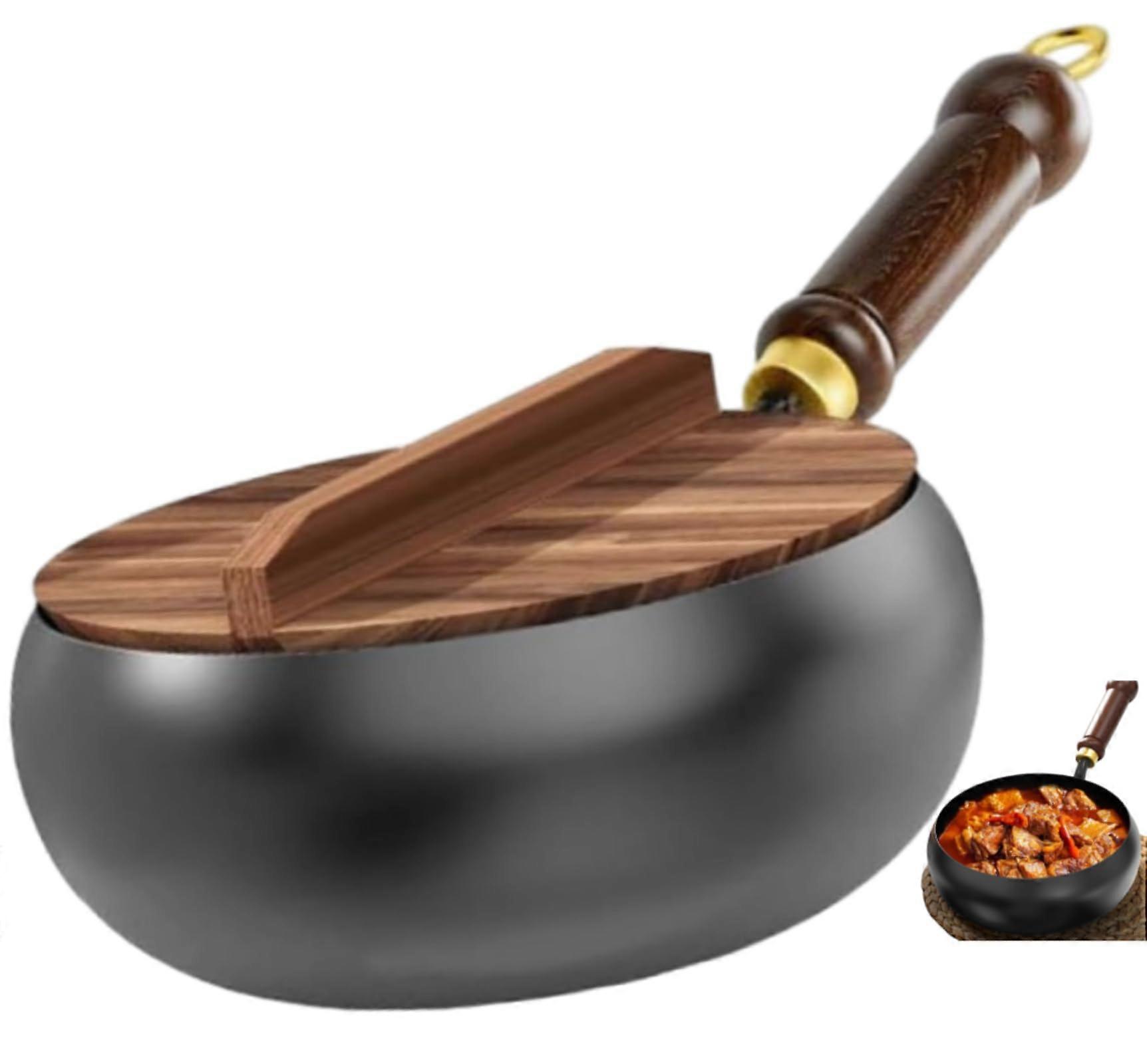 Iron Frying Pan with Wooden Lid, Hand Forged Non‑Stick Cookware for Gas & Induction, 24cm