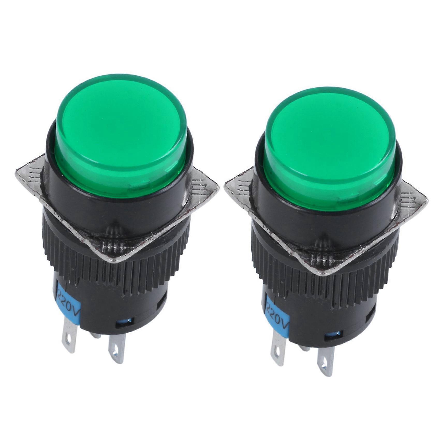 2X AC 250V 5A SPDT 1NO 1NC 5 Pins Latching Green Push Button Switch W 220V LED Lamp
