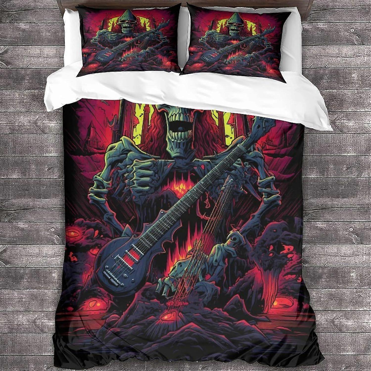 روك أند رول غطاء لحاف ، 3D الجمجمة الفراش المعادن الثقيلة الغيتار لحاف يغطي ، غطاء السرير ستوكات مع حالات وسادة مزدوجة