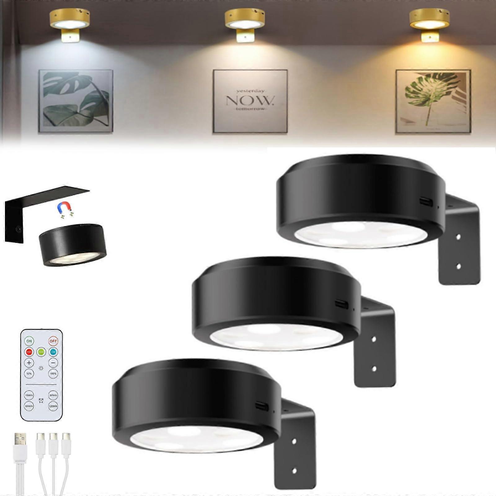 Wireless Rechargeable Picture Light with Remote, Adjustable 3 Colors, No Drill Wall Mount, Black 3PC