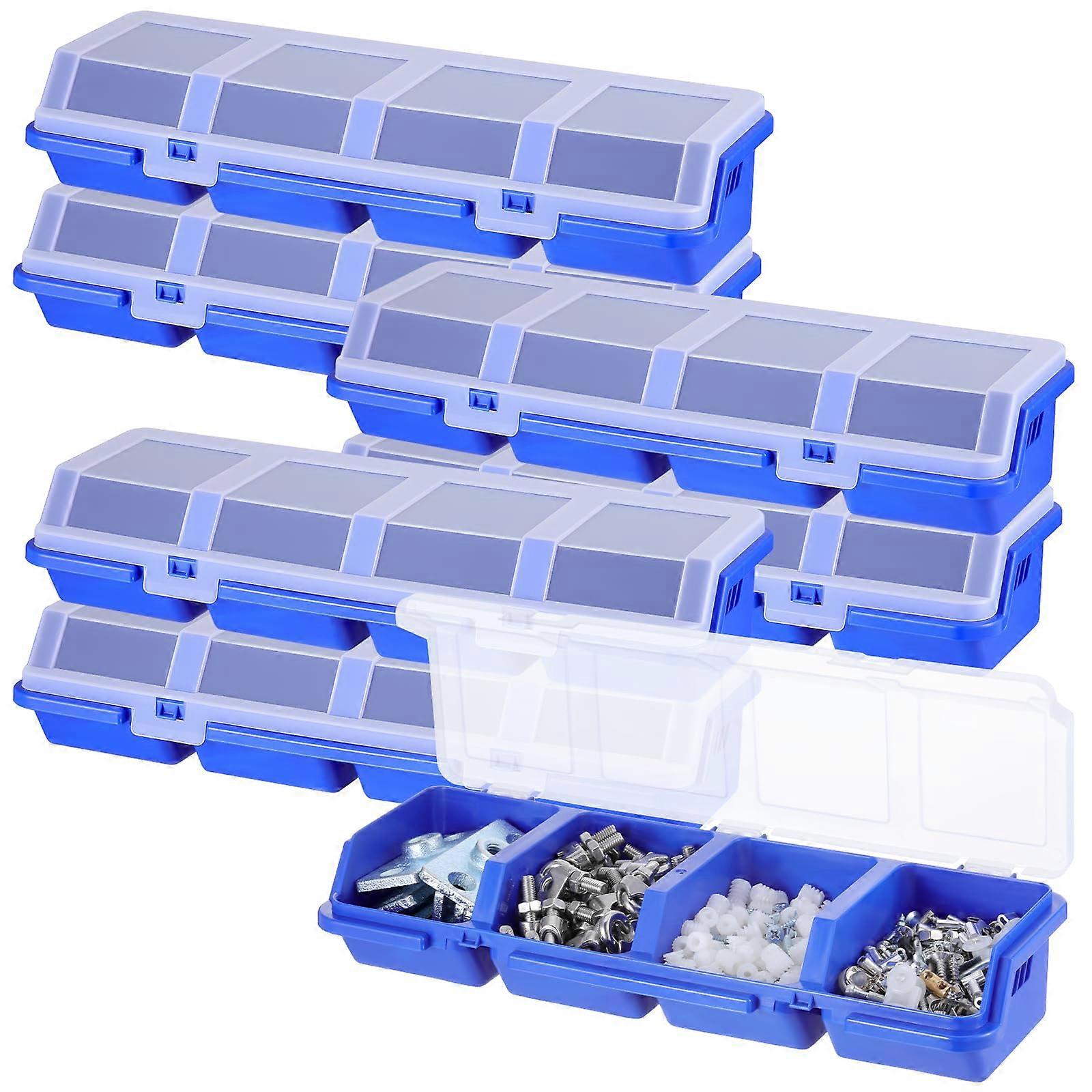 6 Packs Screw Organizer Box with 4 Compartments, Clear Lid Hardware Parts Storage for Garage and Crafts, Blue
