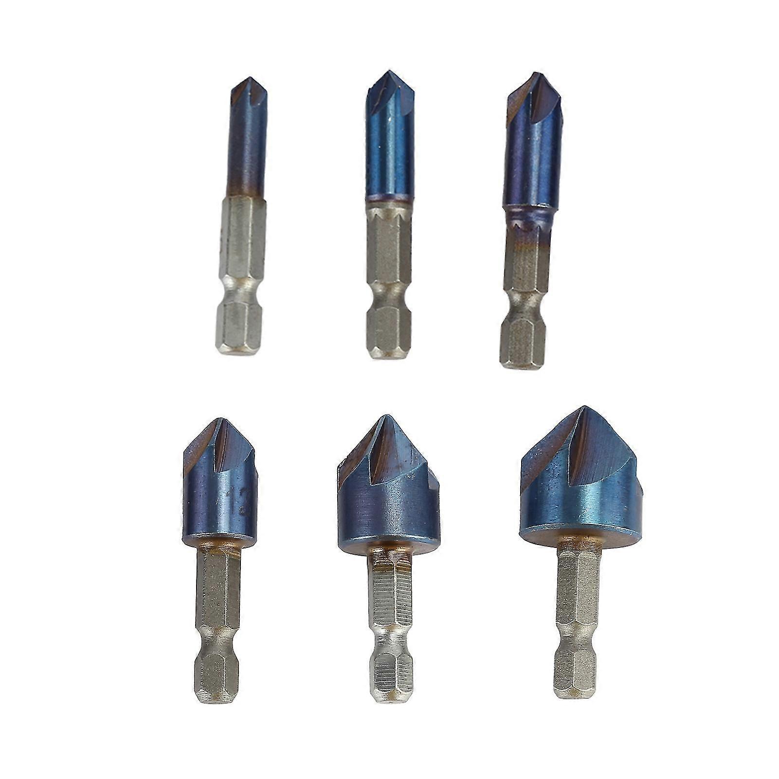 6pcs 6-19mm Chamfer Drill Bits Rust-proof Five Cutting Edges Titanium Plating Assorted Chamfering Drill Bit Kit For Wood Board