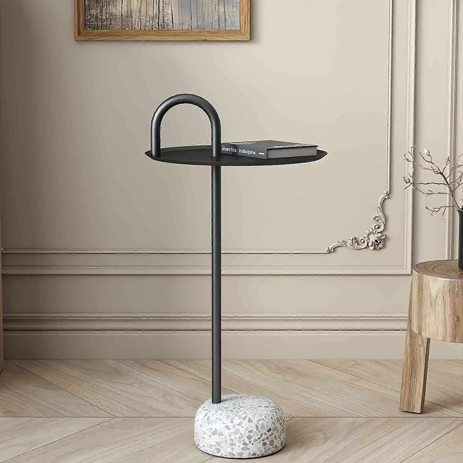 Round Metal Side Table with Terrazzo Base, Rust Resistant Small Coffee Table for Indoor Outdoor Use