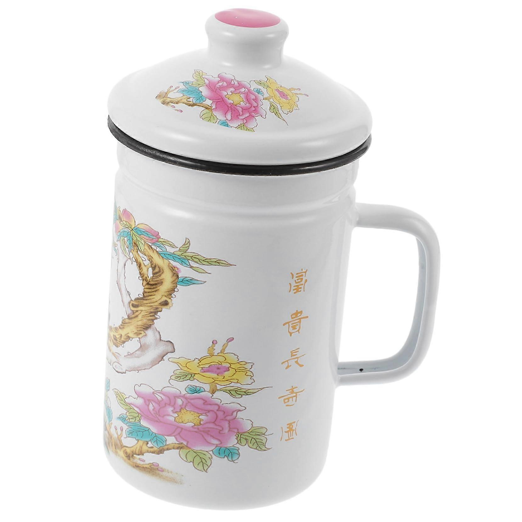 Retro Enamel Coffee Mug with Handle and Stainless Tea Infuser for Home Office Camping