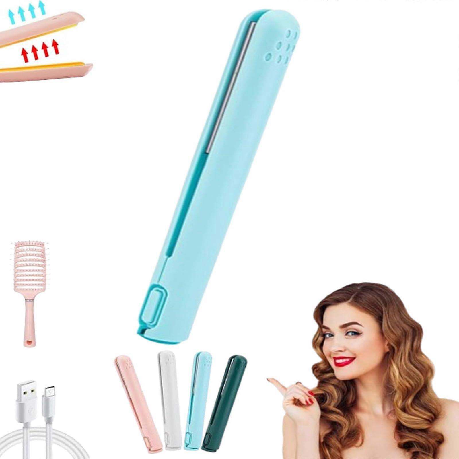 USB Rechargeable Mini Ceramic Curling Iron for Travel, DualPurpose Compact Blue Styling Tool
