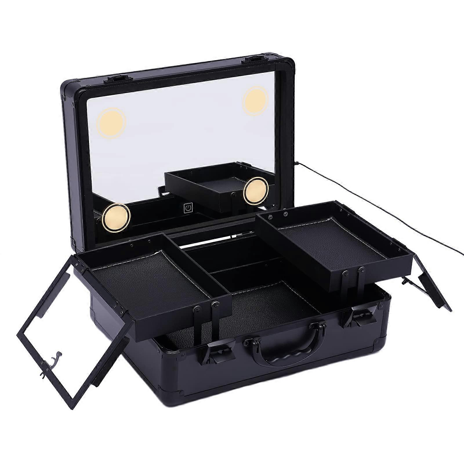 Makeup Train Case with Lighted Mirror, 2 Layer Professional Organizer Box with LED Lights and Large Capacity (Black)