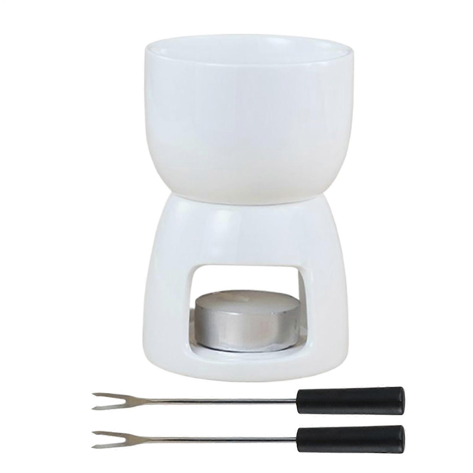 Fondue Pot Ceramic Mini Set for Cheese and Chocolate with Two Forks Smooth Even Heating
