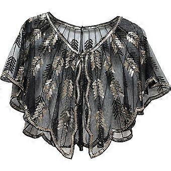 Retro jaren 1920 sjaal met kralen en pailletten, vintage avondcape, doorschijnende mesh, geborduurd met bladeren, dames feestaccessoires, zwart goud