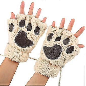 Women Bear Plush Cat Paw Claw Glove Soft Winter Gloves Fingerless Gloves (beige)