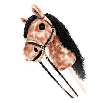 Brown Patterned Hobby Horse with Soft Fabric Head, Black Yarn Hair, and Bridle Reins for Horseback Pretend Play, Performances, and Photo Setups