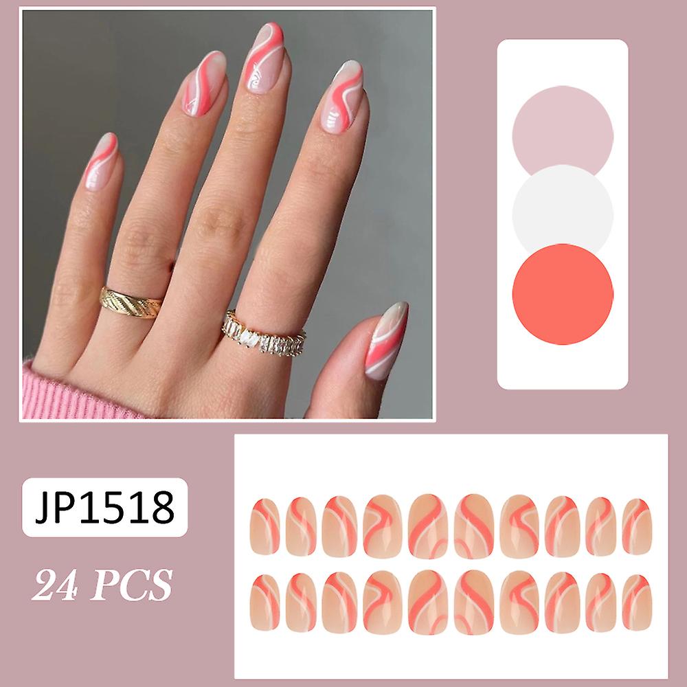 24pcs Glossy False Nails Pink White Wave Lines Fake Nails